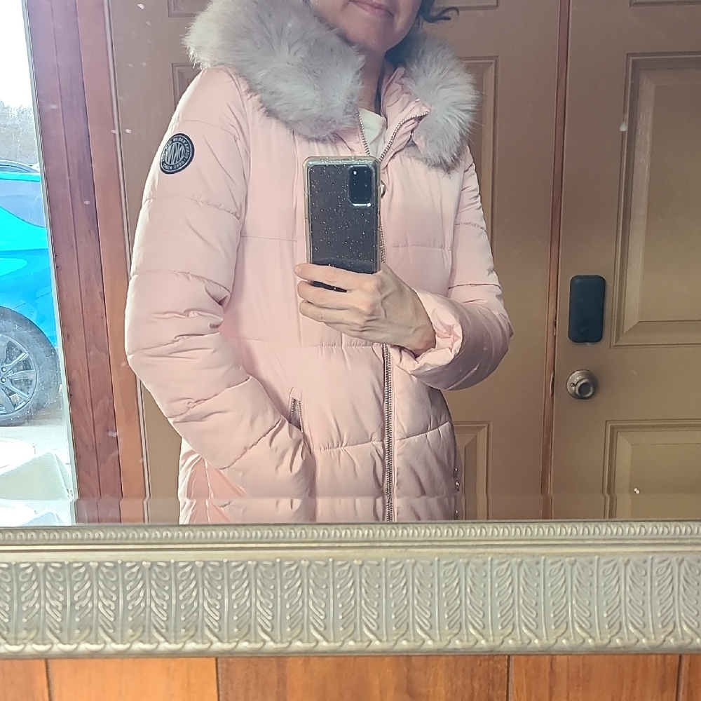 DKNY Light Pink Puffer Jacket with Fur Hood